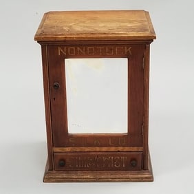 Antique advertising Nonotuck Silk Co. thread cabinet with mirrored door & drawer- 22 3/4"H 14 1/4"W