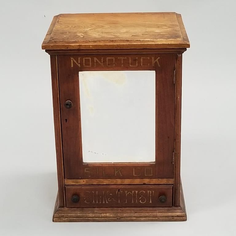Antique advertising Nonotuck Silk Co. thread cabinet with mirrored door & drawer- 22 3/4"H 14 1/4"W (1 of 9)