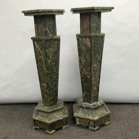 Pair Deco marble pedestals 48 3/4"H 16"W 16"D (as seen- some looseness, 1 foot missing)