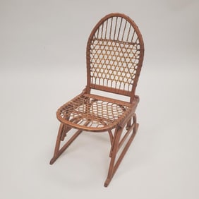 Vintage folding snowshoe chair: 31"H when open, 15 1/2"W 23"D; collapsed size: 5 1/2"H 28 1/2"L 15