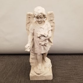Antique carved marble angel figure: girl with flowers- 24 1/2"H 10 1/2"W 8"D