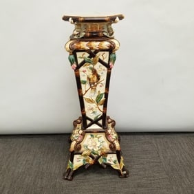 Antique Majolica style pottery pedestal w/ birds, fish & flowers (chips & small repair) 35"H 15