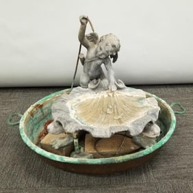 Antique cast soft metal cherub fountain in copper pan (untested) 18 1/2"H 27"W 19 1/2"D