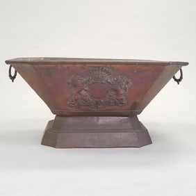Huge copper wine cooler ?/ planter embossed with heraldic crest & metal liner- 14 1/2"H 30 1/4"W
