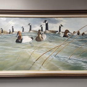 Van Gilder signed & dated '84 original oil painting on canvas "Ducks & Geese (Winter Winds)" framed