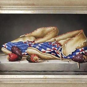 Gayle Nelson signed oil painting on board: "Red, White & Blue" framed 15 1/4"H 20 1/4"W OD