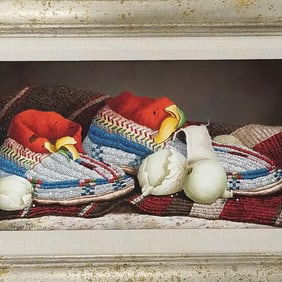 Gayle Nelson signed oil painting on board: "Red Felt Cuffs" framed 15 1/4"H 21 1/4"W OD