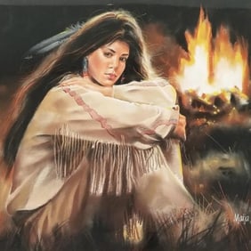 Maija signed twice original pastel painting: in custom frame with feathers & abalone- 43 3/4"H 45