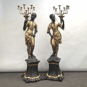 Pair large Venetian style bronze figural 7-light floor candelabra- 70"H 21"W 21"D (140 lbs each)
