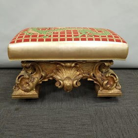 Venetian style carved & gilt wood bench with needlepoint cover 22"H 35 1/2"W 19 1/2"D