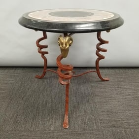 Maitland Smith mosaic stone top neoclassical style table with rams head trim- 22"H 24" Diameter