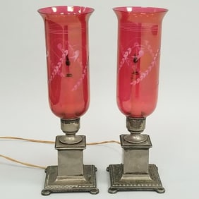 Pair vintage hurricane lamps with etched cranberry glass shades: working- 15 3/4"H 5"W 5"D