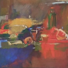 Large abstract print "Homage to Jardin I" Bombay Furniture Company- framed under glass 37"H 37"W OD