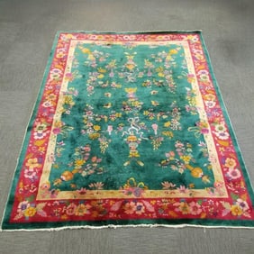 Vintage Deco Chinese floral wool rug 8' 7"x 11' 5" (as seen- knots showing, some wear)