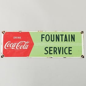 Vintage Coca Cola Fountain Service enameled sign- 5 1/2"H 17"L (as seen- chips)