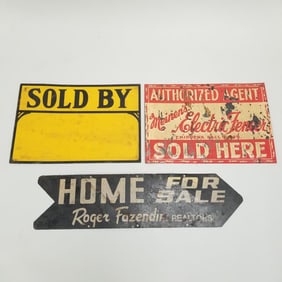 3 vintage tin advertising etc signs: Chippewa Falls Wis., Sold By & Home For Sale- 13 3/4"H tallest;
