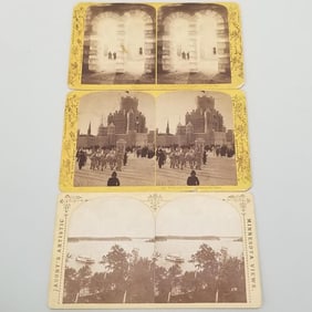 3 early Minnesota stereoview cards: 2 Winter Carnival & Paddlewheel- 4 1/4"H 7"W largest