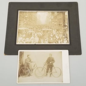 2 early photos: Nicollet Avenue Mpls- end of WWI & bicycle cabinet card- 8" x 10" largest
