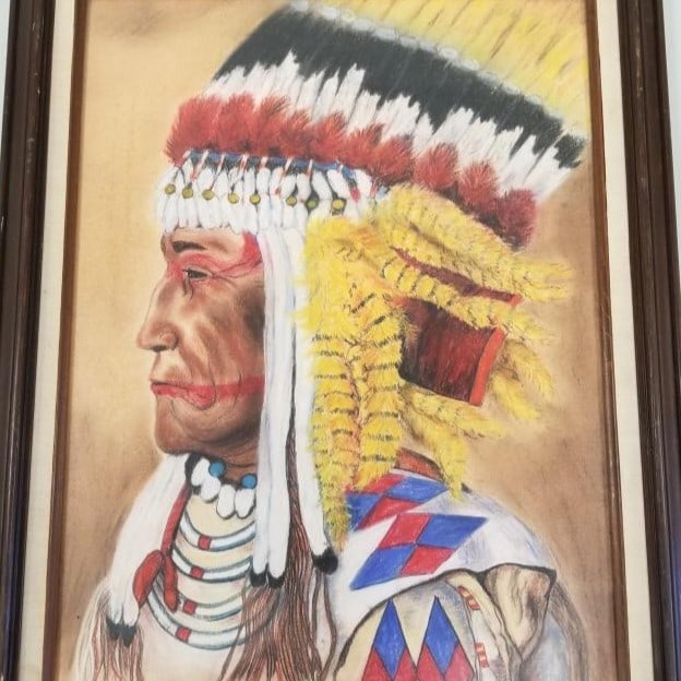 E. Frischmon signed original artwork on paper: Native American Chief- framed 29"H 23"W O.D. (1 of 8)
