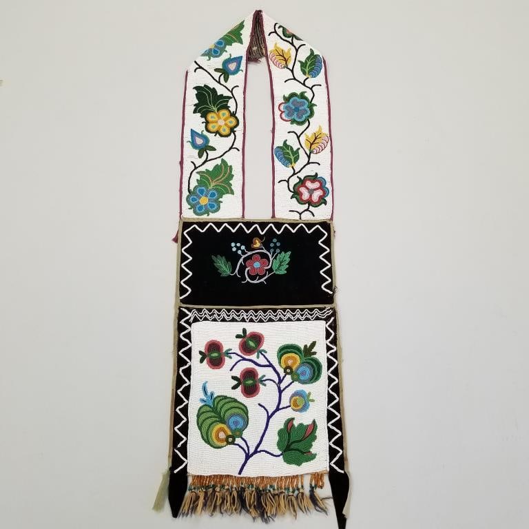 Old Native American beaded bandolier bag- Woodland Indian, approx 46"L 13"W (some bead & cloth (1 of 18)