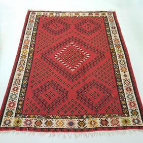 Hand woven Kilim rug- 7' 10"x 10' 1" (as seen- worn spots, fringe damage & one side soiled from