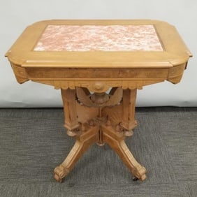 Victorian marble top lamp table with burl wood accents- 29 1/2"H 30"W 22"D
