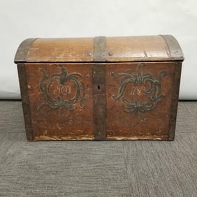 Antique dome top trunk dated 1782 with painted decoration (as seen- some missing ironwork & handle,
