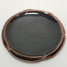 Warren Mackenzie double stamped incl Stillwater mark double rim platter with tenmoku glaze- 2"H 12