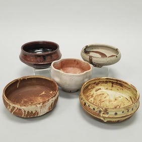 5 Warren Mackenzie bowls: assorted glazes- not stamped- 9 1/2" diameter largest