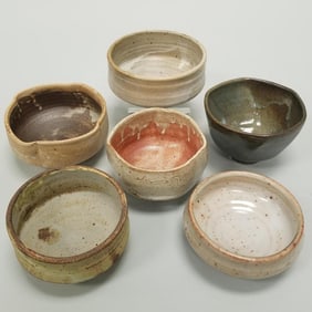 6 Warren Mackenzie bowls: assorted glazes- not stamped- 6 1/2" diameter largest
