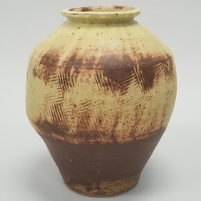 Warren Mackenzie tall vase: paddle work design- not stamped- 12"H