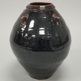Warren Mackenzie tall handled vase: tenmoku glaze- not stamped- 13"H