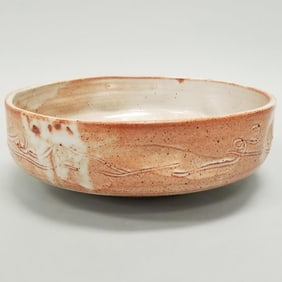 Warren Mackenzie large bowl: shino glaze & incised design- not stamped- 5 1/4"H 15 1/4" diameter