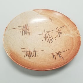 Warren Mackenzie large bowl: shino glaze & line design- not stamped- 3 1/2"H 16"D