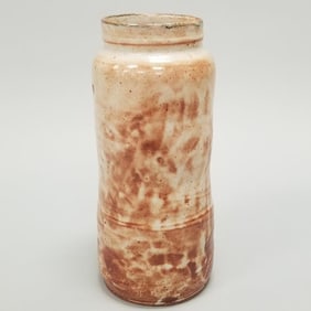 Warren Mackenzie tall vase: shino glaze- not stamped- 13"H