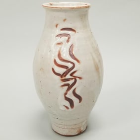 Warren Mackenzie tall vase: finger swipe design- not stamped- 14 3/4"H