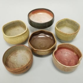 6 Warren Mackenzie bowls: various glazes- not stamped- 7"D largest