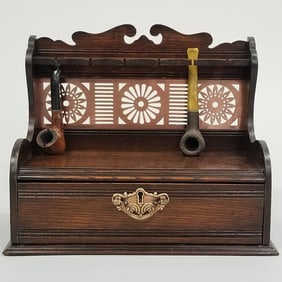 Antique oak pipe rack with drawer & pipes (professionally refinished) 10"H 12"L 6 3/4"D