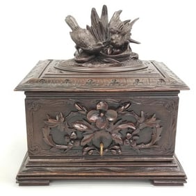 Black Forest carved cigar box with bird motif (professionally restored- refinished) 11"H 8"D 11"L