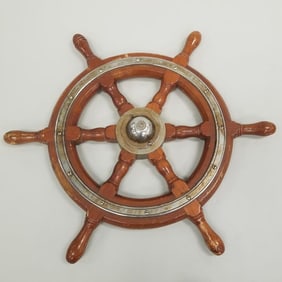 Simpson & Lawrence wood & metal ship's wheel- 21"D & brass ship's bell- 8"D 8"H