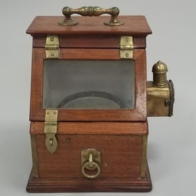 Ship's compass in wood box with oil lamp (as seen) 15"H 13"W 12"L