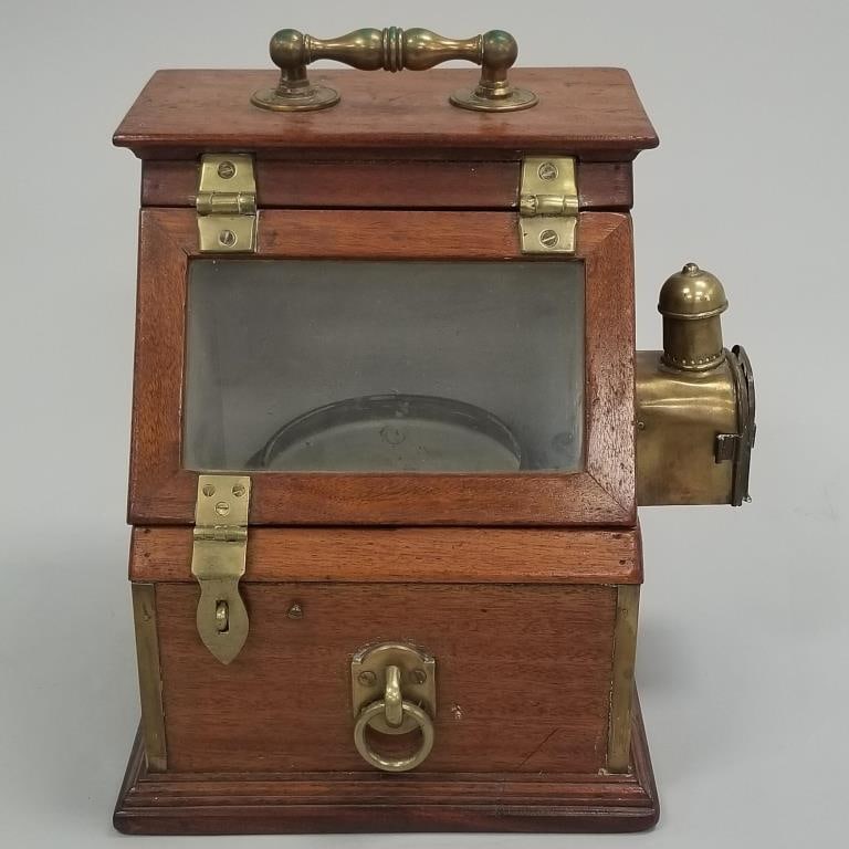 Ship's compass in wood box with oil lamp (as seen) 15"H 13"W 12"L (1 of 13)