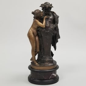 August Sommer signed figural bronze sculpture "Bacchus and a Nymph" atop a marble base- 19 1/2"H