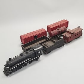 7 piece Buddy L outdoor train set with tracks incl engine, tender & 5 cars (as seen- some repaint,