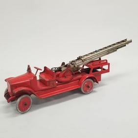 Vintage Buddy L Aerial ladder truck (as seen- some repaint, paint loss, etc.) 39"W