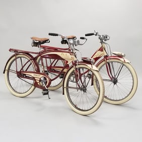 Pair Columbia "Three Star Deluxe" his & hers balloon tire bicycles- approx. 39"H 72"L