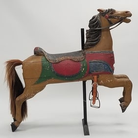 Antique wood carousel horse on metal stand- 49"H 49"W 11"W (as seen- some separations & repaint)