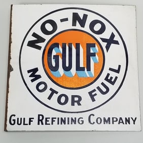 Gulf No-Nox Motor Fuel double sided porcelain advertising flange sign (some as seen) 18"H 18"W 2"D