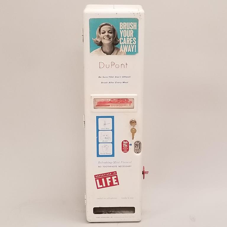 DuPont toothbrush 25 cent coin operated vending machine with toothbrushes- 31"H 9"W 4 1/2"D- working (1 of 17)