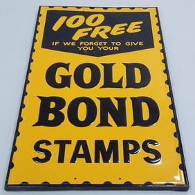 Gold Bond Stamps advertising metal sign w/ wood frame- 56"H 32 1/4"W